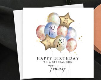 Personalised 13th Birthday Card, Custom Name Age Metallic Balloon Card, Helium Star Milestone Card for Son Daughter Grandson Granddaughter
