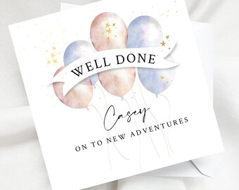 Personalised Well Done Balloon Bunch Card, Custom Congratulations Keepsake with Tiny Gold Stars, Customised Name & Message Card