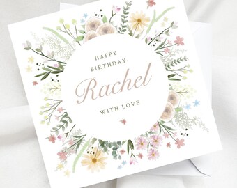 Personalised Spring Floral Birthday Card, Custom Name Flowers and Foliage Card for Mum Nan Friend, Watercolour Botanical Keepsake for Her
