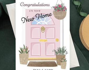 Personalised Pink Front Door New Home Card, Cosy Moving House Card with Hanging Basket & Plant Pots, Custom Congratulations First Home Card