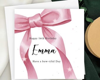 Personalised Pink Bow Birthday Card, Custom Design Name and Age, Have a Bow-tiful Day, Coquette Greeting for Girls