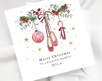 Personalised Ballet Shoes Christmas Card, Custom Name Xmas Gift for Daughter, Granddaughter, Family or Friend