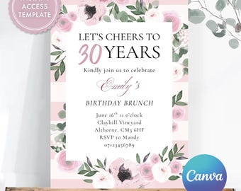 Pink Rose Garden Party Birthday Invitation, Editable Canva Template 5x7", Printable or Digital Invite
