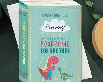 Personalised Big Brother Dinosaur Card, New Sibling Book Cover Style Keepsake, Roarsome Brother Card