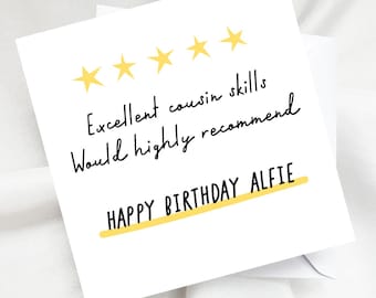Personalised 5 Star Cousin Birthday Card - Excellent Cousin Skills, Would Highly Recommend, Funny Review Design Card
