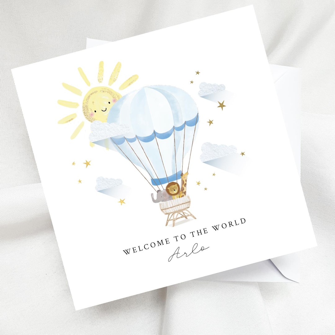 Personalised Blue Hot Air Balloon New Baby Card With Zoo Animals in the ...