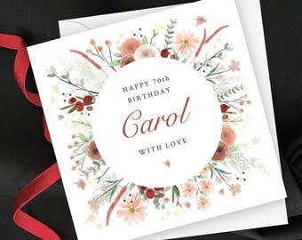 Personalised Autumn Floral Birthday Card, Custom Name Flowers and Foliage Card for Her