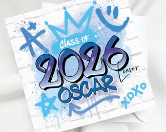 Personalised School Leavers Card Class of 2026, Graffiti Graduation Card, Custom Name Leaver Card, Blue Street Art School Leaving Card