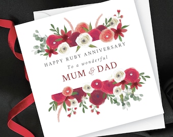 Personalised Ruby 40th Wedding Anniversary Card, Mum & Dad Floral Roses Keepsake