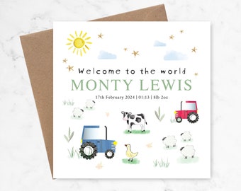 Farm Baby Card, Personalised Tractor New Baby Card, Farm Animal Card, Sheep Cow Duck Tractor Card