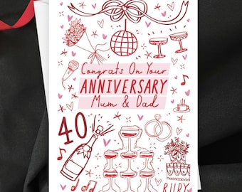 Personalised Hand Drawn Ruby Wedding Anniversary Card, Retro Champagne & Disco Ball 40th Anniversary Gift For Mum and Dad or Friends