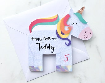 Small Rainbow Unicorn Birthday Card with Name and Age, Personalised Unicorn Birthday Card, 1st, 2nd, 3rd, 4th, 5th, 6th, 7th, 8th, 9th, 10th