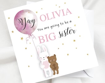Personalised Big Sister Card, Cute Bunny and Teddy Bear, Pink Balloon & Gold Stars, Custom New Baby Announcement Sibling Greeting
