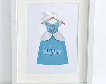 Personalised Blue Princess Dress Wall Art with Satin Ribbon and Diamanté Accent, Print for Girls Bedroom or Playroom with Gem