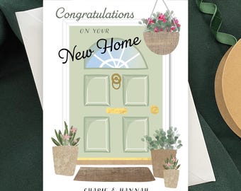 Personalised New Home Card, Sage Green Front Door Card, Moving House Card with Hanging Basket and Plant Pots, Cosy Congratulations Card