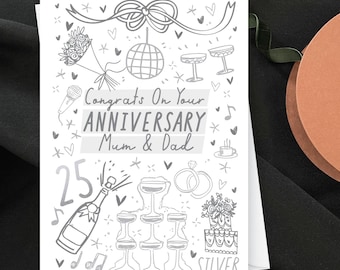 Personalised Hand Drawn Silver Wedding Anniversary Card, Retro Champagne & Disco Ball 25th Anniversary Gift For Mum and Dad or Friends