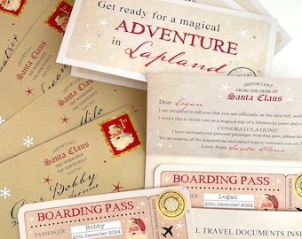 May include: A set of printable Christmas Eve invitations for children. The invitations feature a red and white boarding pass with the text "Boarding Pass" and "Lapland". The invitations also include a letter from Santa Claus.