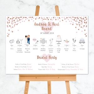 Wedding Timeline Sign, Order of the Day Wedding Sign, Timeline of Events and Welcome Sign, Rose Gold Hearts Wedding Order of Events