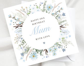 Personalised Winter Floral Birthday Card, Custom Name Flowers and Foliage Card for Mum Friend, Watercolour Frosty Botanical Keepsake for Her