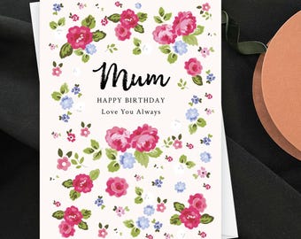 Vintage Floral Mum Birthday Card, Cottagecore Red Blue Flower Card for Her, Cream Botanical Note