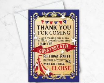 Circus Themed FLAT Thank You Cards, Show Party Thank Yous, Showman Birthday Thank You, Greatest Party Birthday Thank Yous with Envelopes