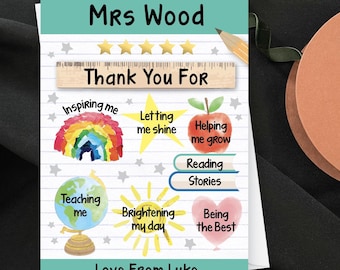 Personalised Thank You Teacher Card, Custom Name Teacher Appreciation Card, End Of Term Gift