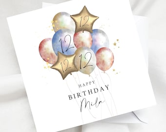 Personalised 12th Birthday Card, Custom Name Age Metallic Balloon Card, Helium Star Milestone Card for Son Daughter Grandson Granddaughter