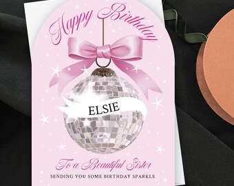 Personalised Disco Ball Birthday Card, Custom Glitter Ball Daughter Keepsake, Granddaughter Birthday Sparkle Gift