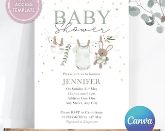 Editable Watercolour Baby Shower Invitation, Clothesline & Bunny Toy - Gender Neutral Sage Greenery, Digital Invite Template, Canva - 5x7