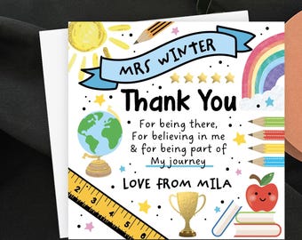 Personalised Teacher Thank You Card, Custom Best Teacher Five Star Gift, School Journey Appreciation Card, End Of Year School Keepsake