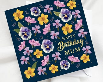 Personalised Pressed Flower Birthday Card, Botanical Floral Card for Mum Sister Friend Her