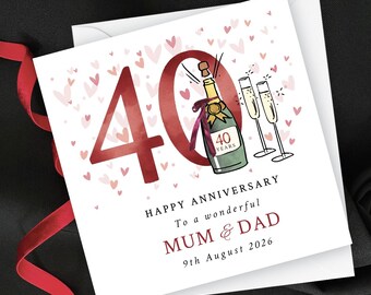 Personalised 40th Wedding Anniversary Card, Ruby Anniversary Champagne Card For Mum and Dad, Special Couple, Friend