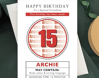 Personalised Funny 15 Rated Birthday Card, Movie Rating Film Fans Theme, Warning Mature Content