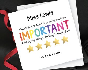Personalised Rainbow Teacher Card, Custom Important Part Of My Story Gift, End Of Year Teaching Assistant Keepsake