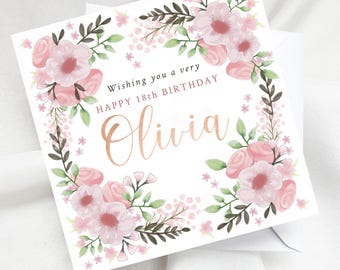 Personalised Pink Watercolour Floral Age Birthday Card with Rose Gold Script Name