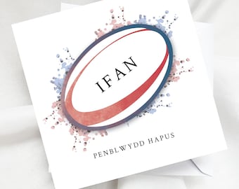 Personalised Welsh Rugby Penblwydd Hapus Card For Him | Watercolour Style | Custom Name and Age