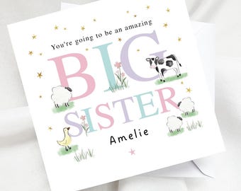 Personalised Big Sister Card, Farm Animals New Sibling Announcement, Big Sister Birthday Card