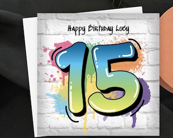 Personalised 15th Birthday Card Boy, Graffiti Style 15, Custom Name Urban Theme, White Brick Wall Paint Splatter Card