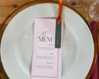 Personalised Wedding Menu with Place Card Name Tag, DL Menu with Ribbon and Eyelet, Wedding Breakfast Menu, Table Place Settings