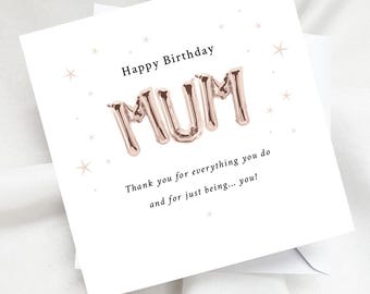Modern Mum Birthday Card, Helium Balloon Letter Card for Mummy, Thank You For Everything Greeting Card, Contemporary Typography For Her