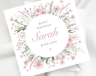 Personalised Summer Floral Birthday Card, Custom Name Watercolour Flowers and Foliage Keepsake, Botanical Circle Wreath Card for Her