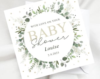 Personalised Eucalyptus Baby Shower Card, Greenery Botanical Keepsake with Name & Date
