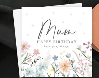 Watercolour Floral Mum Birthday Card, Pretty Pink Hearts Greeting, Special Mother Cute Gift Keepsake