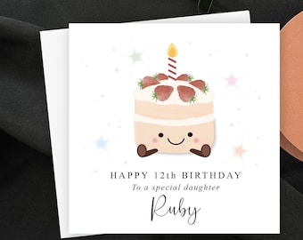 Personalised Cake Birthday Card, Cute Victoria Sponge Cake with Face and Feet, Custom Name & Age, Daughter, Sister, Friend, Any Relation