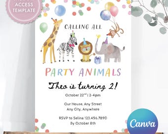 Party Animals Birthday Invitation Template, Editable Canva Kids Party Invite, Elephant Giraffe Monkey Lion, Instant Download 5x7 Digital