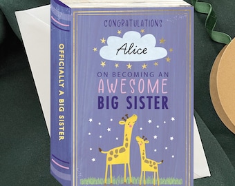 Personalised Big Sister Giraffe Card, Book Cover Style New Sister Card, Awesome Siblings Congratulation Card