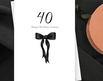 Elegant Black Ribbon Bow Birthday Card - 18th 21st 30th 40th Luxury Greeting Card - Chic Satin Bow Birthday Card for Her