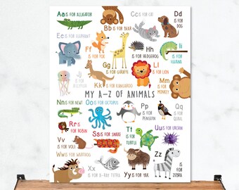 Animal Alphabet Print, Animal A-Z Kids Room Print, Animal Alphabet, A-Z of Animals, Nursery Print, A-Z Print for Children, Animal Bedroom