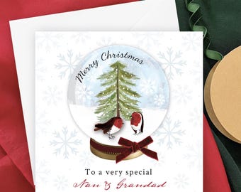 Personalised Robins Snow Globe Christmas Card, Custom Nan & Grandad Xmas Keepsake, Special Festive Gift for Mum and Dad