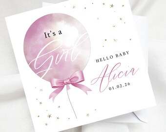 Personalised New Baby Girl Card, Custom Hello Baby Name & Date, Its a Girl Balloon with Gold Glitter Stars, Newborn Announcement Keepsake